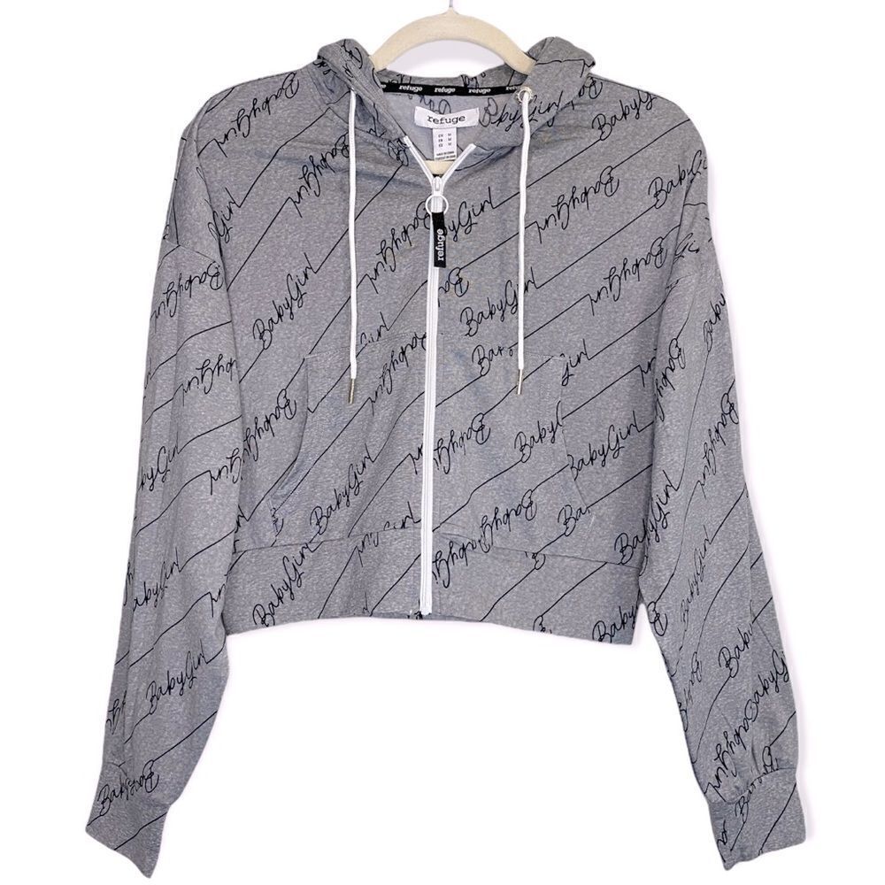 Refuge Women’s Grey “BabyGirl” Print Zip-up Crop Hoodie Sizes S-XL